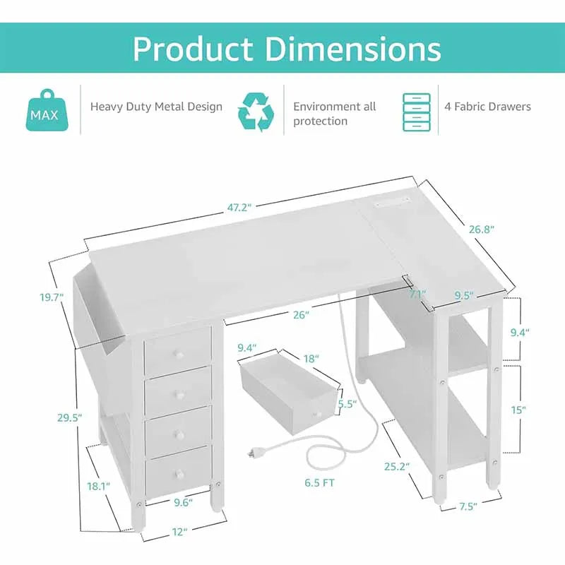 Yoobure L-Shaped Teen PC Desks with Fabric Drawer, White