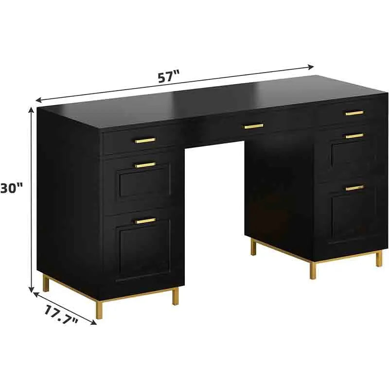 Yoobure Computer Desk with 7 Drawers, Black and Gold Desk