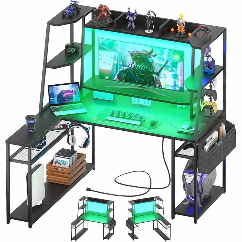 L Shaped Gaming Desk with Hutch & Shelves, Black