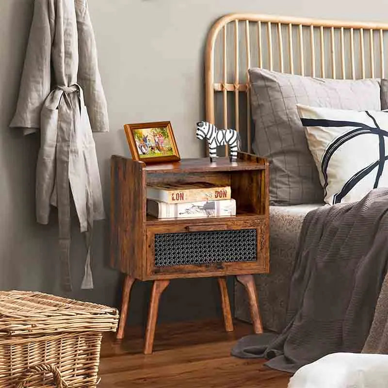 Yoobure Rattan Nightstand Side Table with Drawer Open Shelf