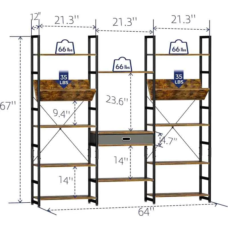 Yoobure Triple Wide 5 Tier Bookshelf Adjustable Book Shelves