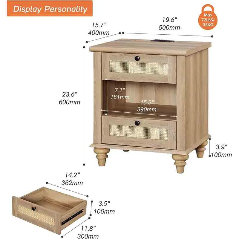 Yoobure Rattan Nightstand Side Table with Charging Station