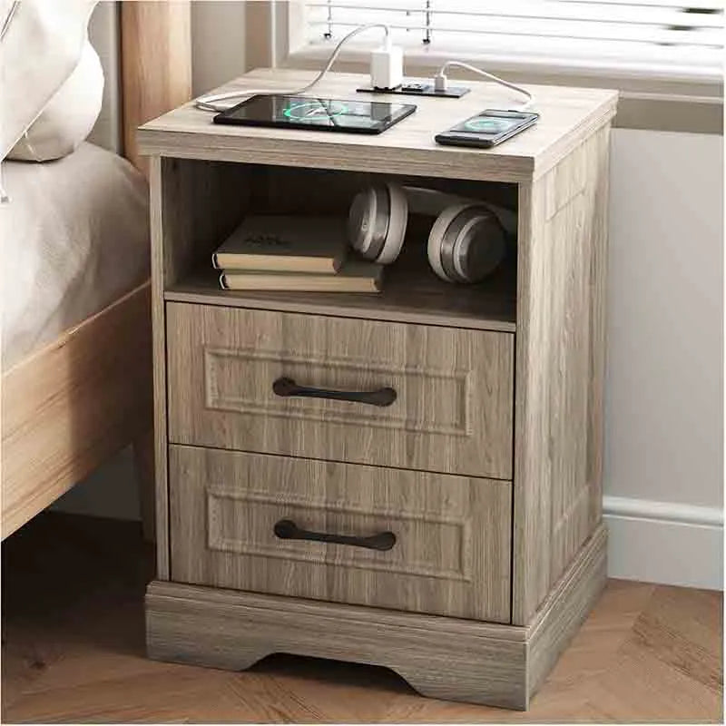 Yoobure Farmhouse Nightstand with Charging Station Wood