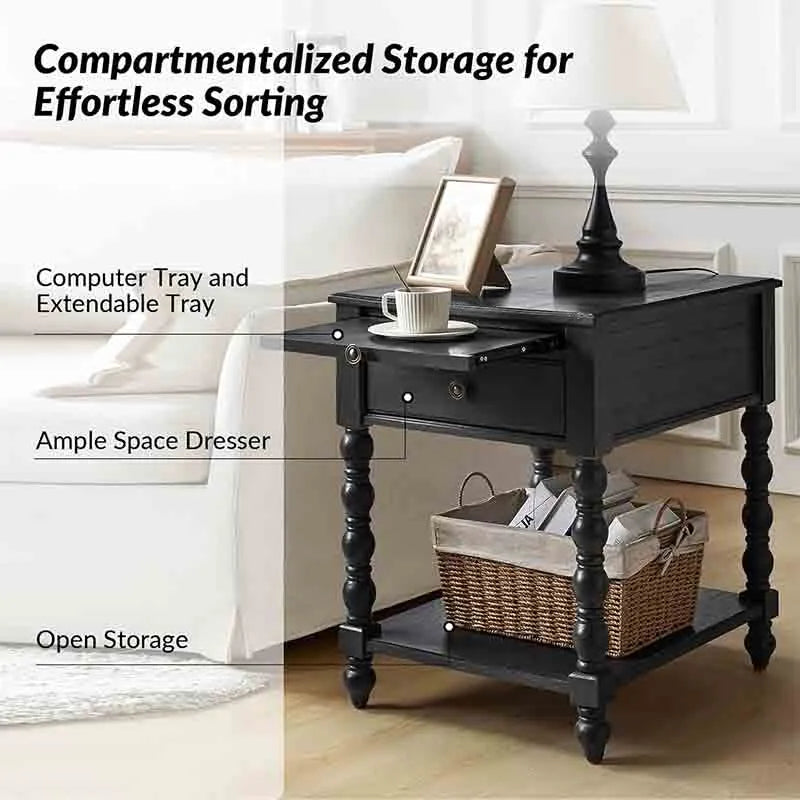 Yoobure End Table with Outlets Solid Wood Nightstand