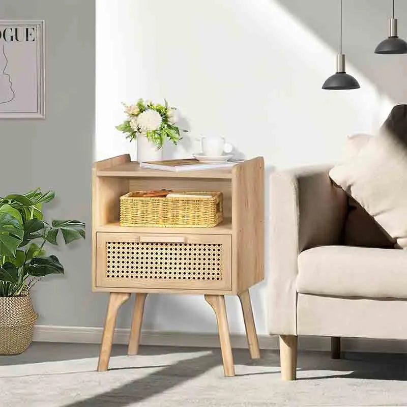Yoobure Rattan Nightstand with Solid Wood Legs