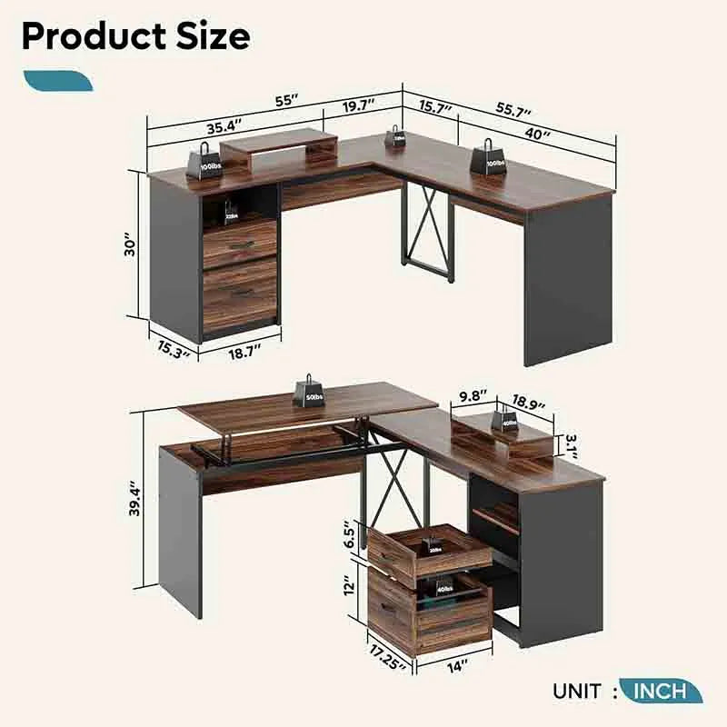 Yoobure Lift Top L Shaped Desk with File Drawer, Walnut