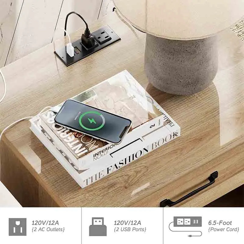 Yoobure Farmhouse End Table Nightstand with Charging Station