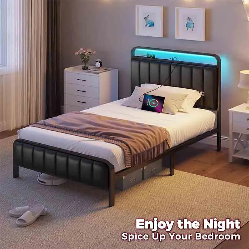Yoobure Twin Size Bed Frame with LED Light and Outlets