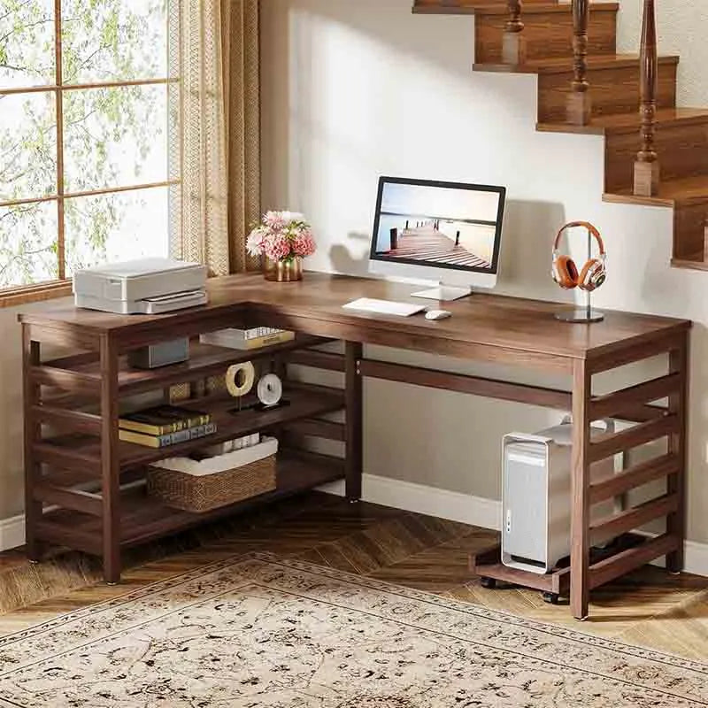All-Wood Corner Home Office Desk with 4-Tier Storage Shelf