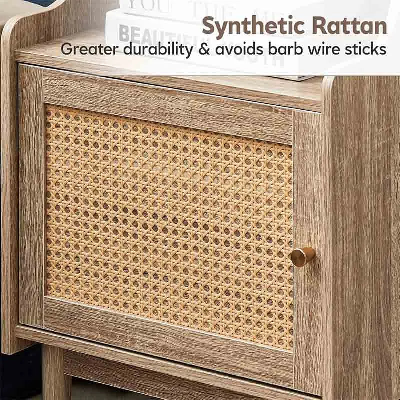 Yoobure Night Stand Tall Nightstand with Faux Rattan Door