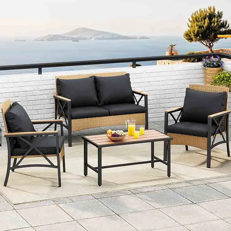 4-Piece Patio Wicker Furniture Set with Wood Armrest