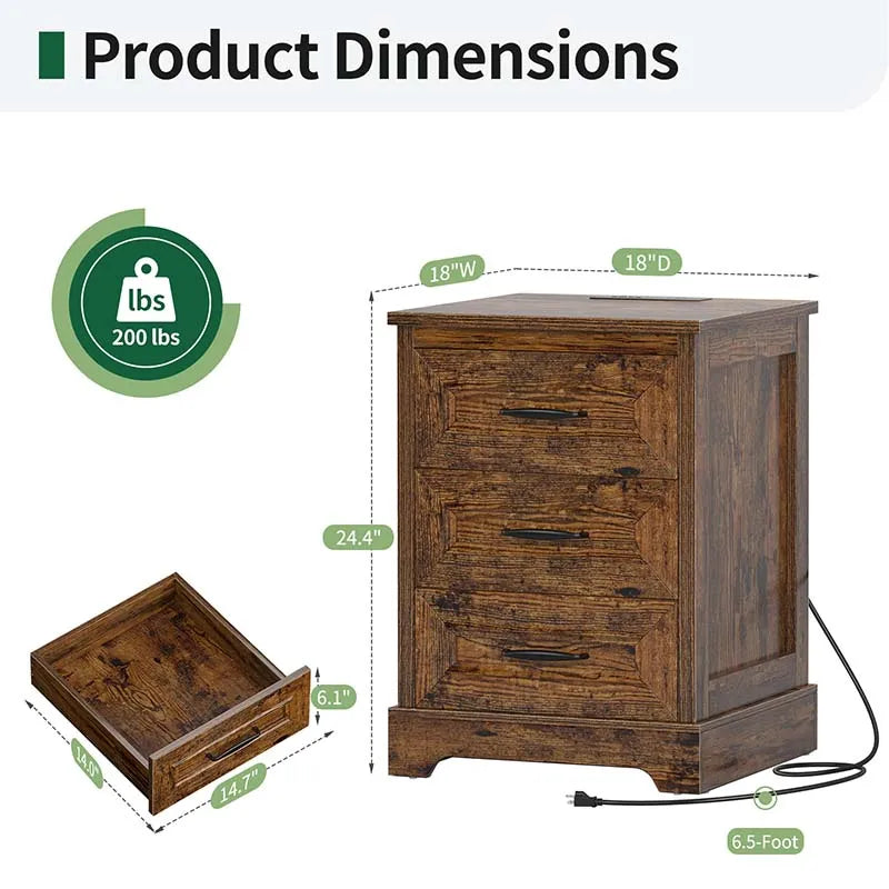 Yoobure Wood End Side Table with 3 Drawers