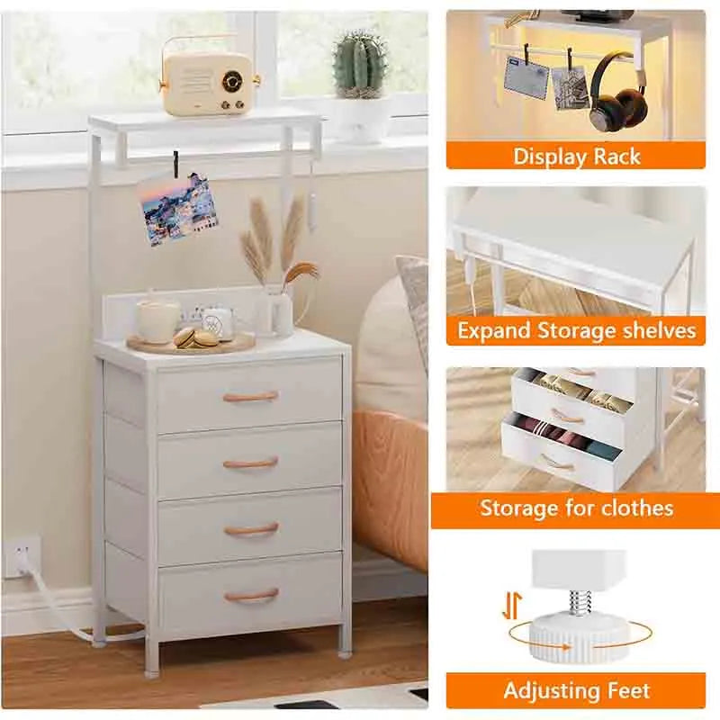 Yoobure White Tall Nightstand, LED Night Stand with Shelves