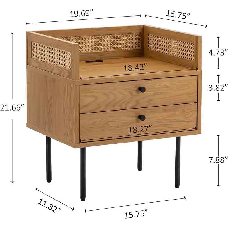 Yoobure Wood Nightstand Rattan End Table with 2 Drawers