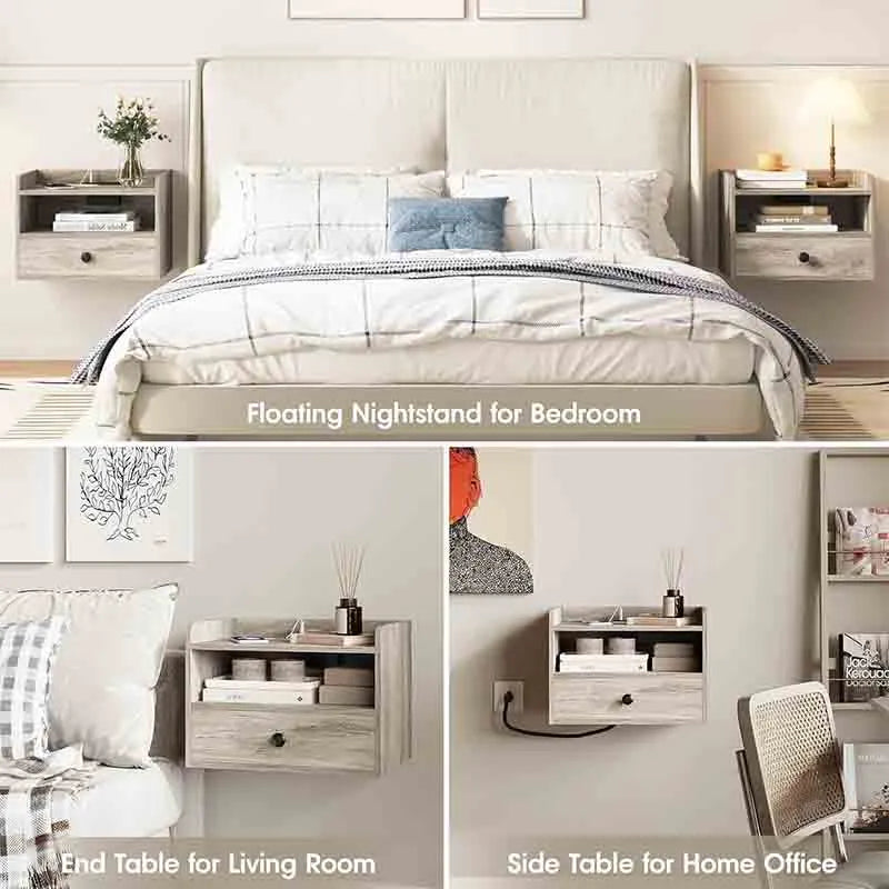 Yoobure Floating Nightstand Set of 2 with Charging Station and Drawer