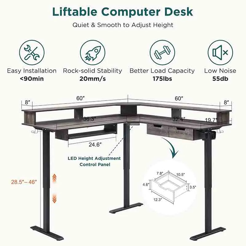 Yoobure Rustic Oak 60 Inches L Shaped Electric Standing Desk