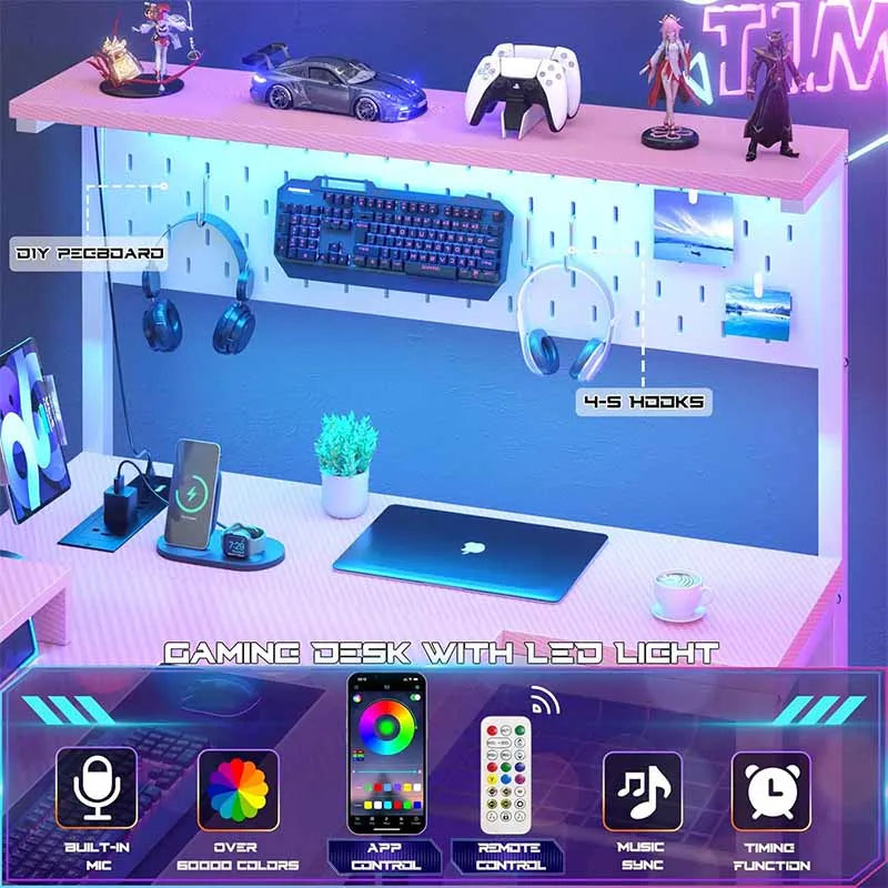 Yoobure Small Gaming Desk with Power Outlets & Pegboard, Pink