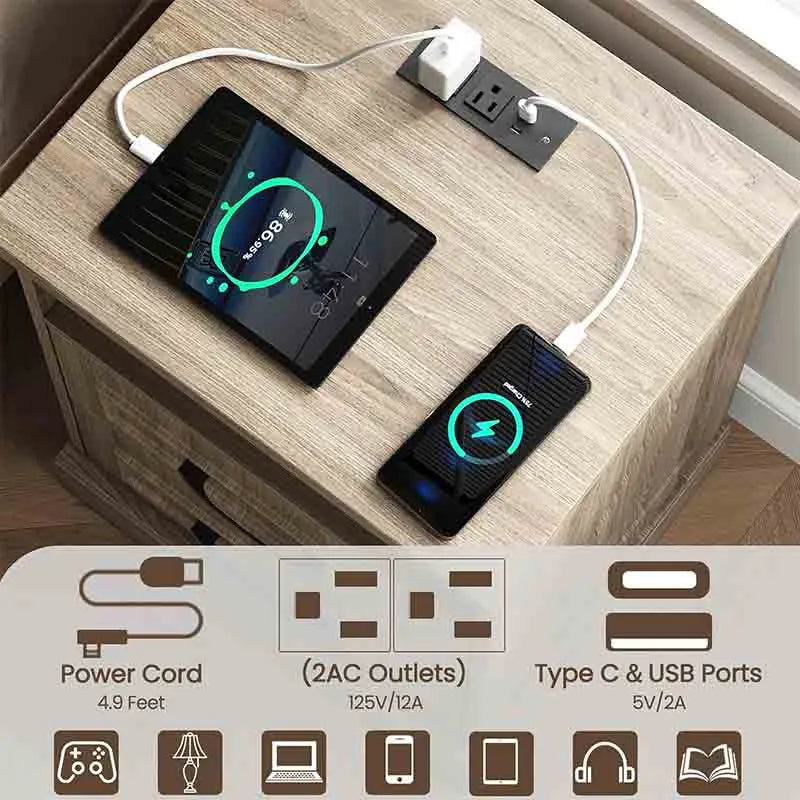 Yoobure Farmhouse Nightstand with Charging Station Wood
