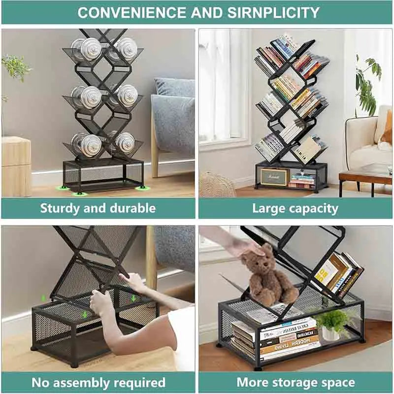 Yoobure Folding Bookshelf,9 Tier Tree Bookshelf with Storage