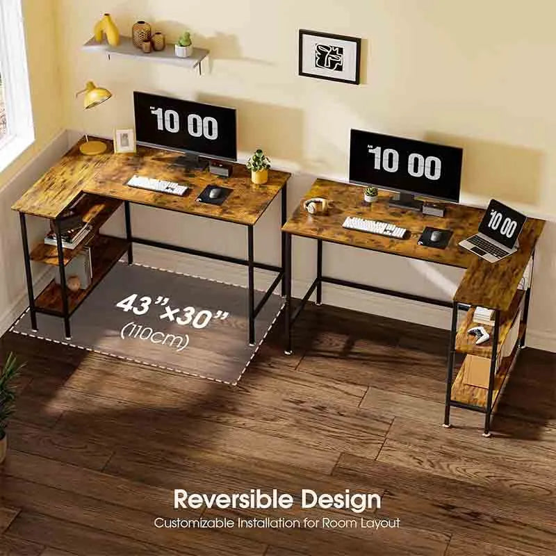Yoobure 43" L Shaped Desk with Storage Shelves, Brown