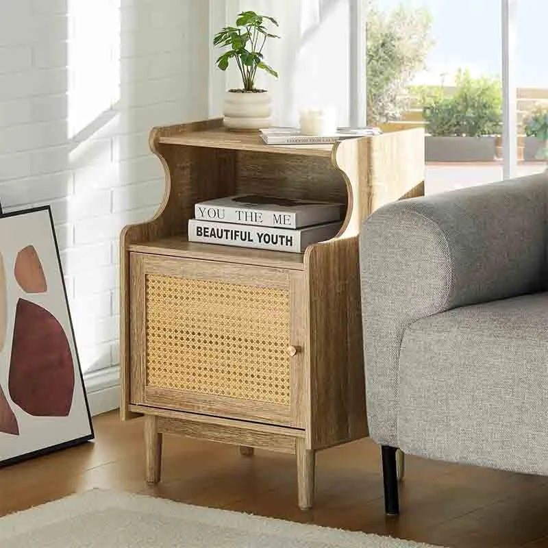 Yoobure Night Stand Tall Nightstand with Faux Rattan Door