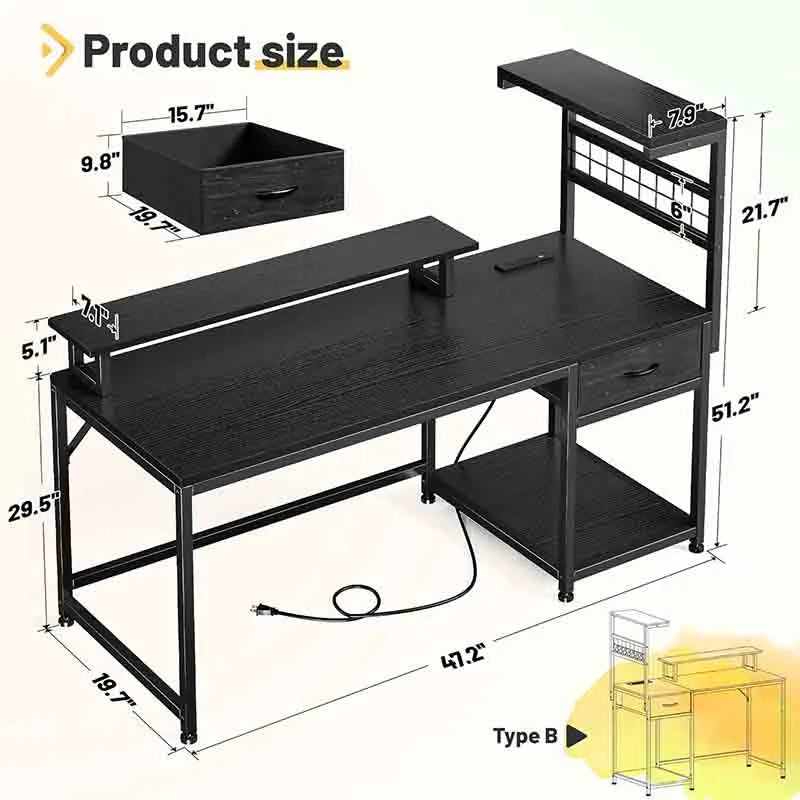 Yoobure 47" Office Desk with Power Outlets and Led Lights