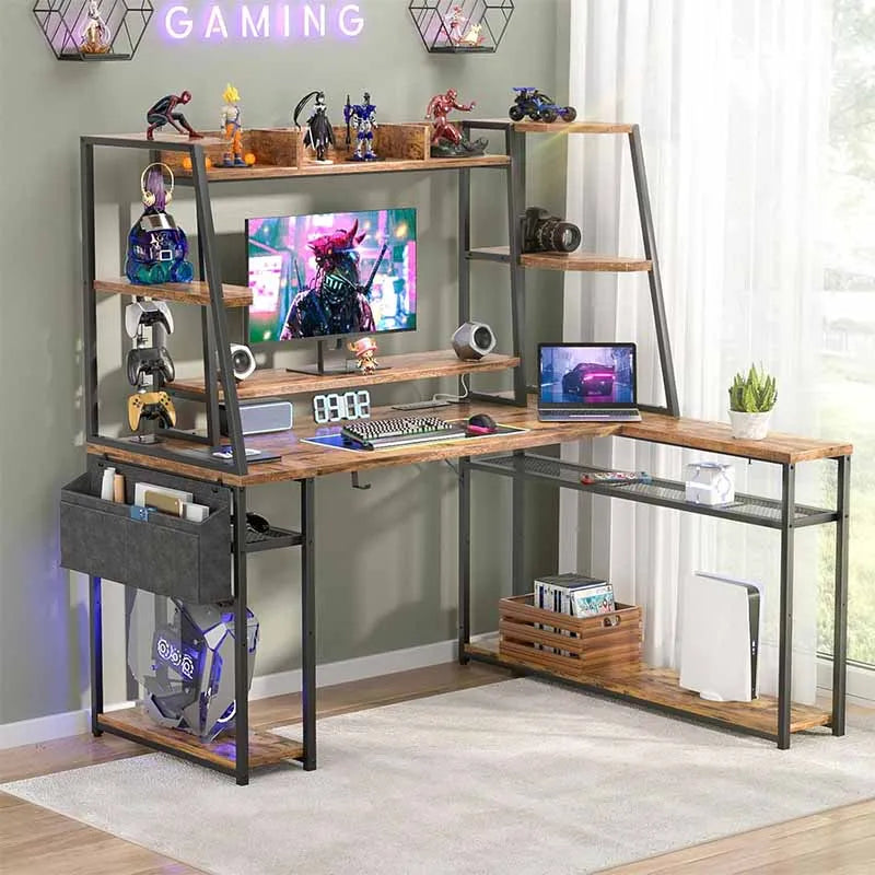 Yoobure L Shaped Gaming Desk with Hutch & Shelves, Rustic Brown