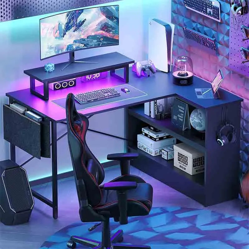 Yoobure Reversible L Shaped Desk with LED Lights & Cabinet