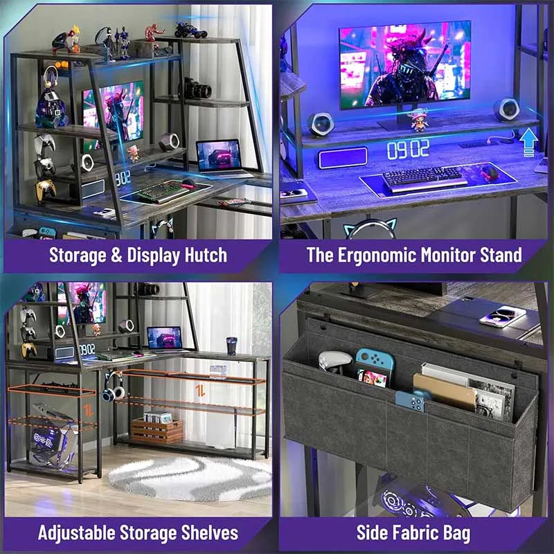 Yoobure L Shaped Gaming Desk with Hutch & Shelves, Grey Oak