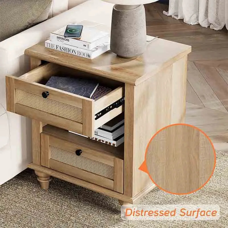 Yoobure Rattan Nightstand Side Table with Charging Station