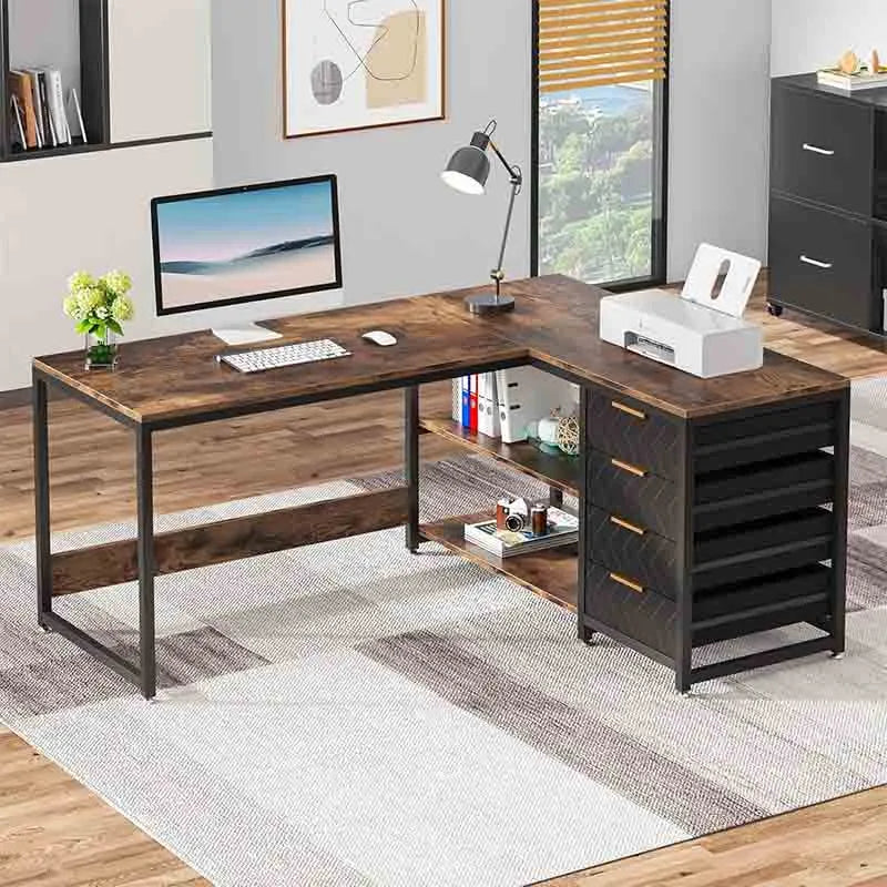 Yoobure 59 inch Reversible Corner Desk with Shelves, Brown