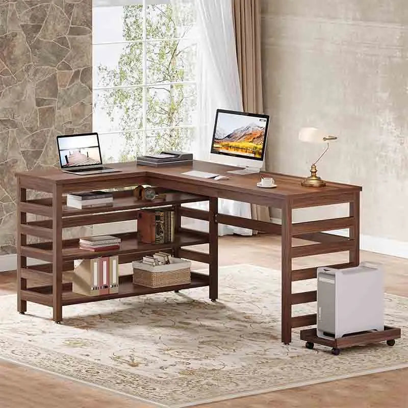 Yoobure All-Wood Corner Home Office Desk with 4-Tier Storage Shelf
