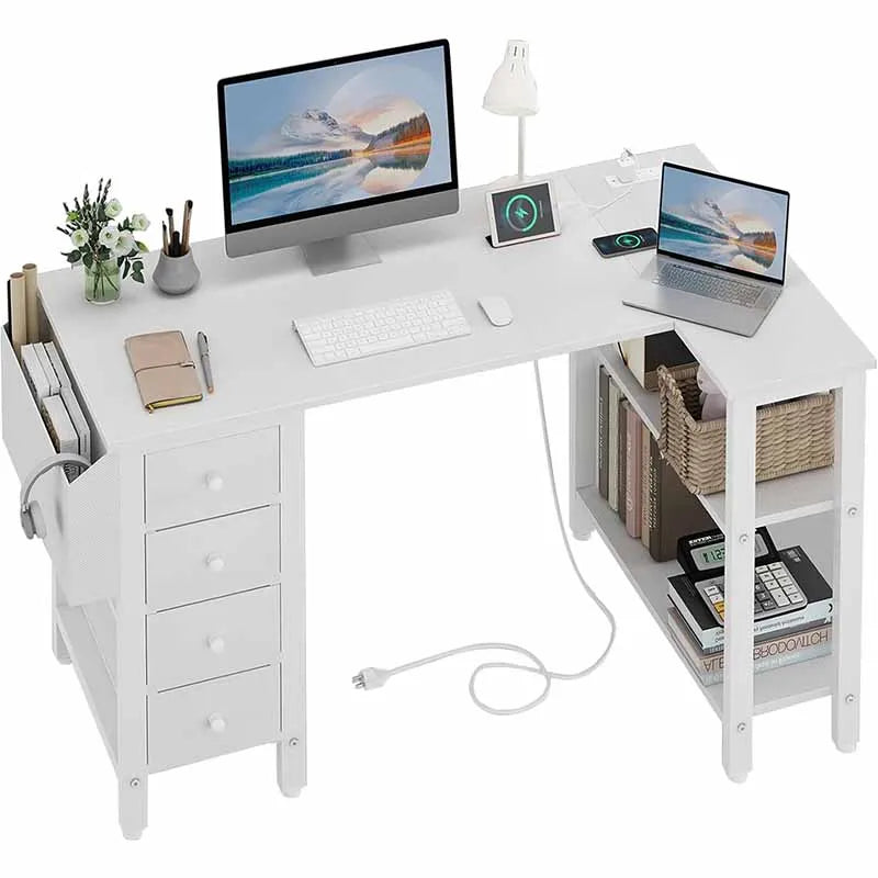 L-Shaped Teen PC Desks with Fabric Drawer, White