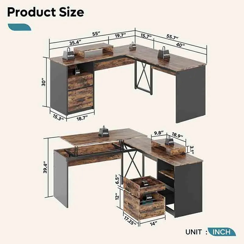 Yoobure Lift Top L Shaped Desk with File Drawer, Brown