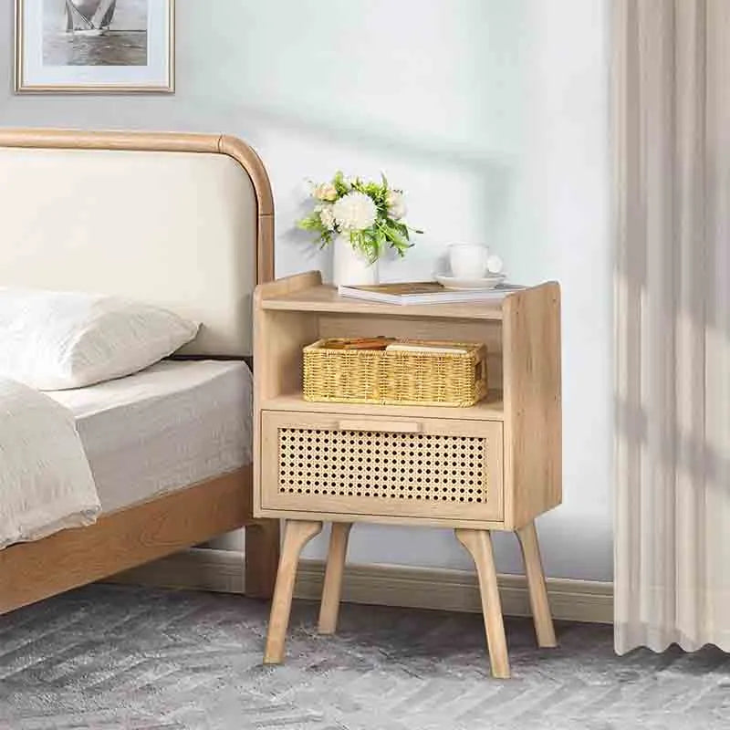 Yoobure Rattan Nightstand with Solid Wood Legs