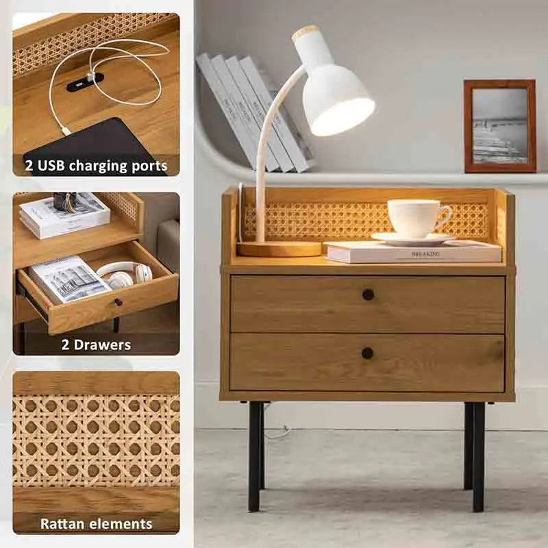 Yoobure Wood Nightstand Rattan End Table with 2 Drawers