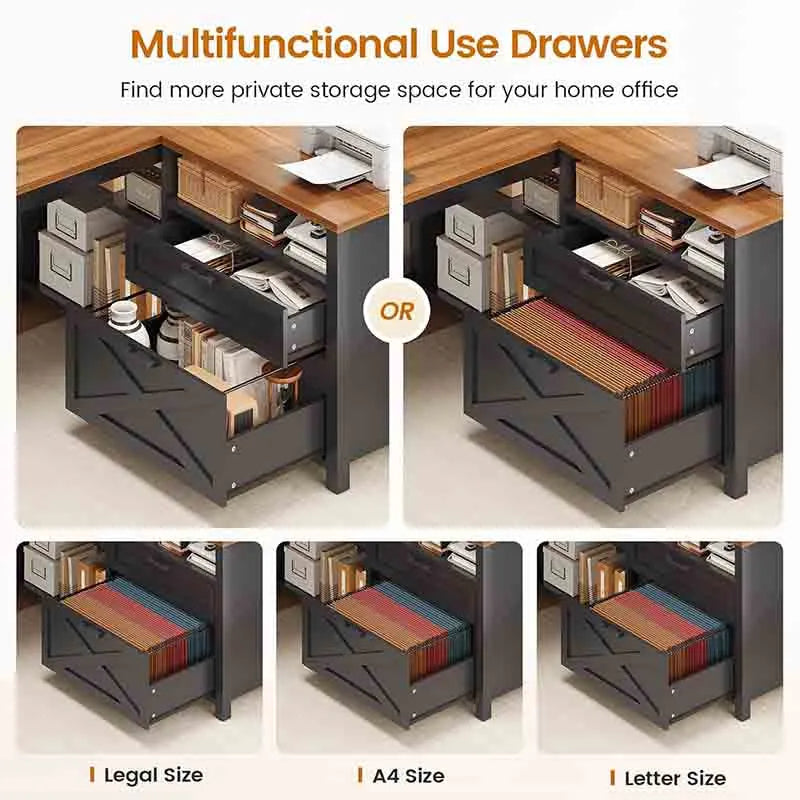 Yoobure 55" Home Office Desk with Drawers and Storage Shelves, Black & Brown