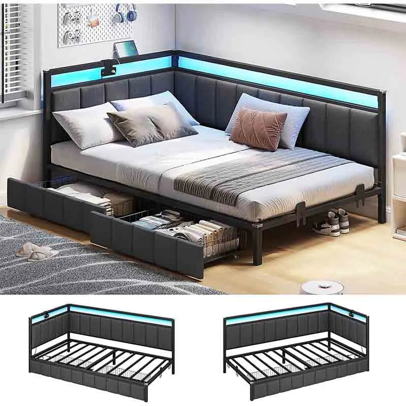 Yoobure Corner Bed Frame with Storage Drawers, Twin Daybed