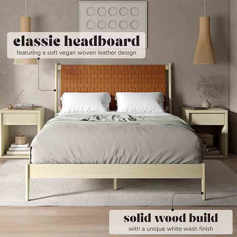 Yoobure Queen Bed Frame with Woven Leather Vegan Headboard