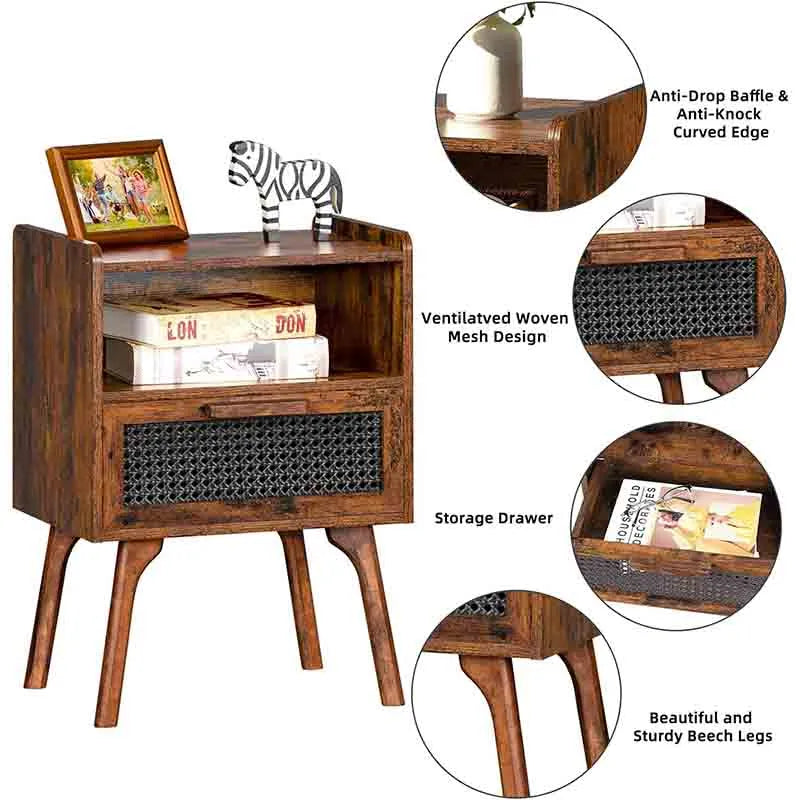 Yoobure Rattan Nightstand Side Table with Drawer Open Shelf