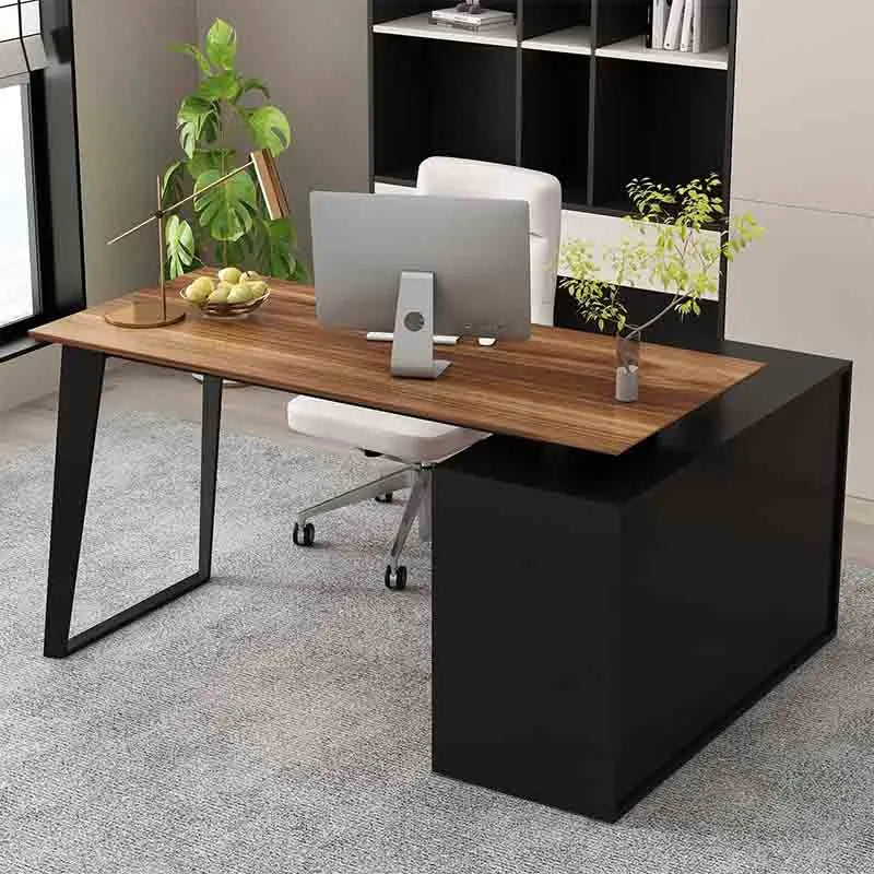 Yoobure 55 Inch L-Shaped Table with Storage Cabinet, Black & Brown