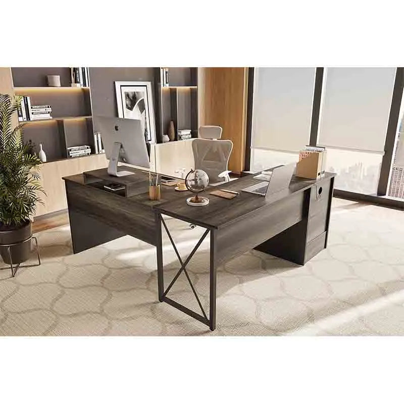 Yoobure Lift Top L Shaped Desk with File Drawer, Grey & Dark Oak