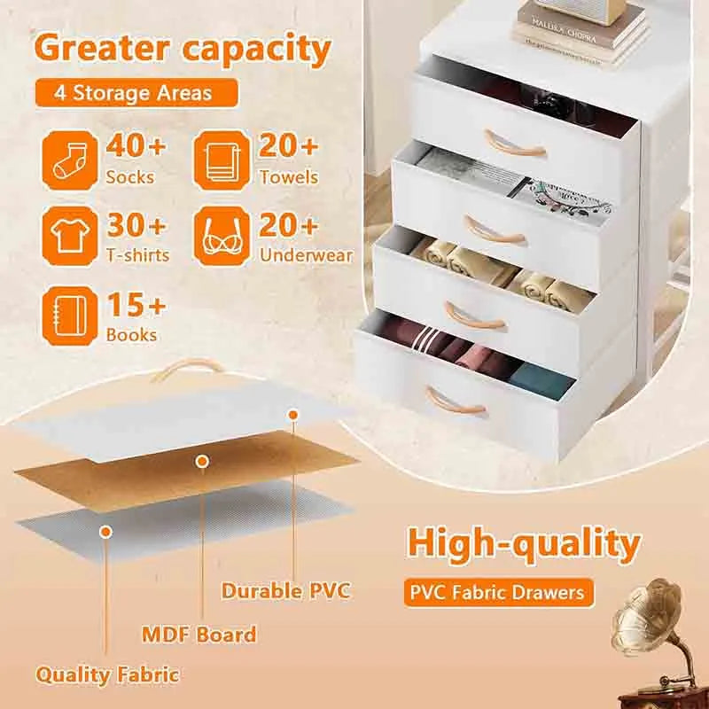 Yoobure White Tall Nightstand, LED Night Stand with Shelves