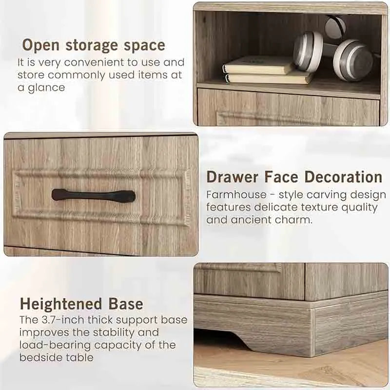 Yoobure Farmhouse Nightstand with Charging Station Wood