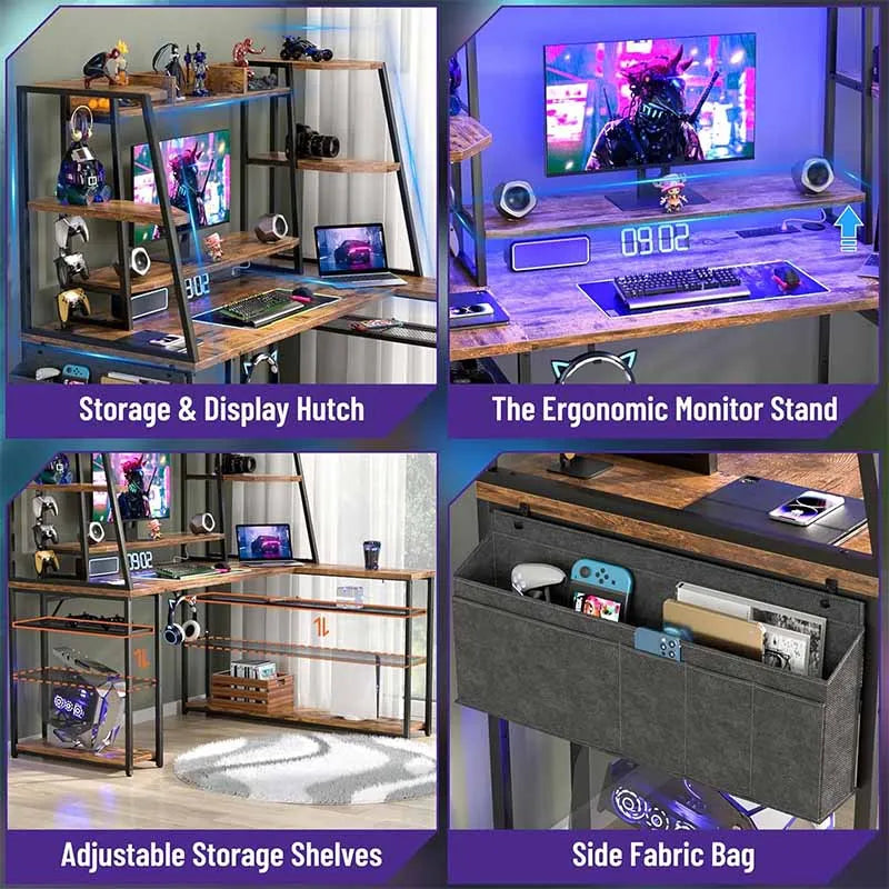 Yoobure L Shaped Gaming Desk with Hutch & Shelves, Rustic Brown