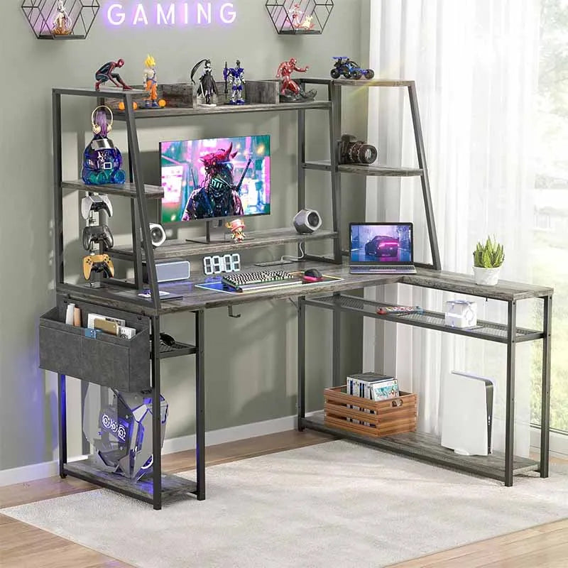 Yoobure L Shaped Gaming Desk with Hutch & Shelves, Grey Oak