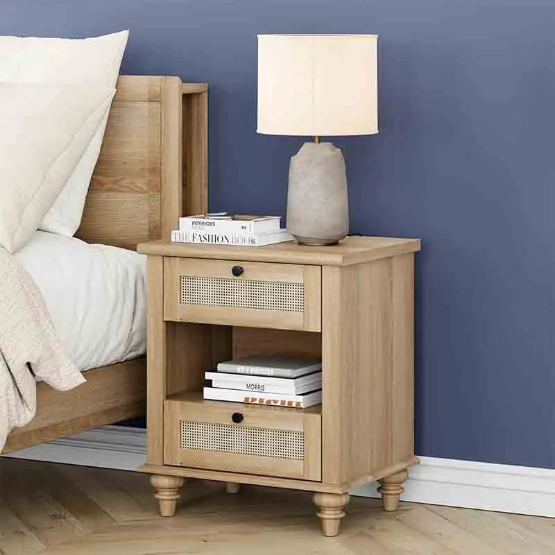Yoobure Rattan Nightstand Side Table with Charging Station