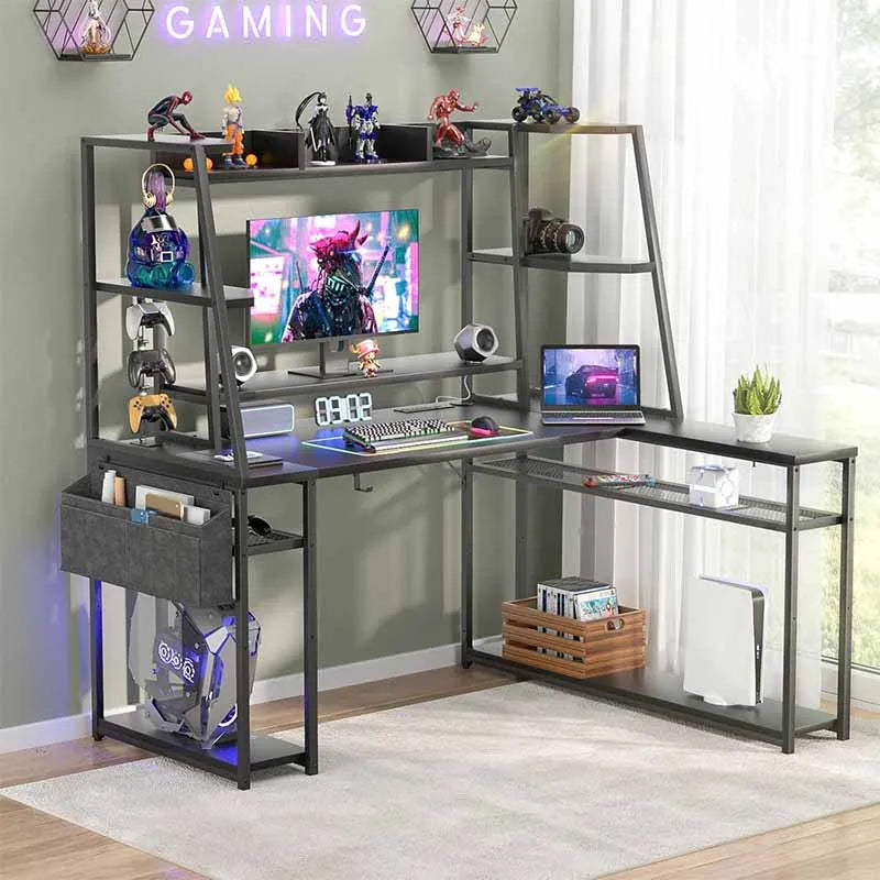 Yoobure L Shaped Gaming Desk with Hutch & Shelves, Black