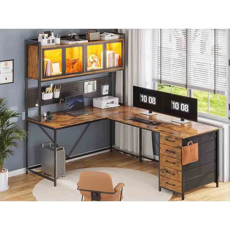Yoobure L Shaped Desk with Hutch and Storage Shelves, Brown
