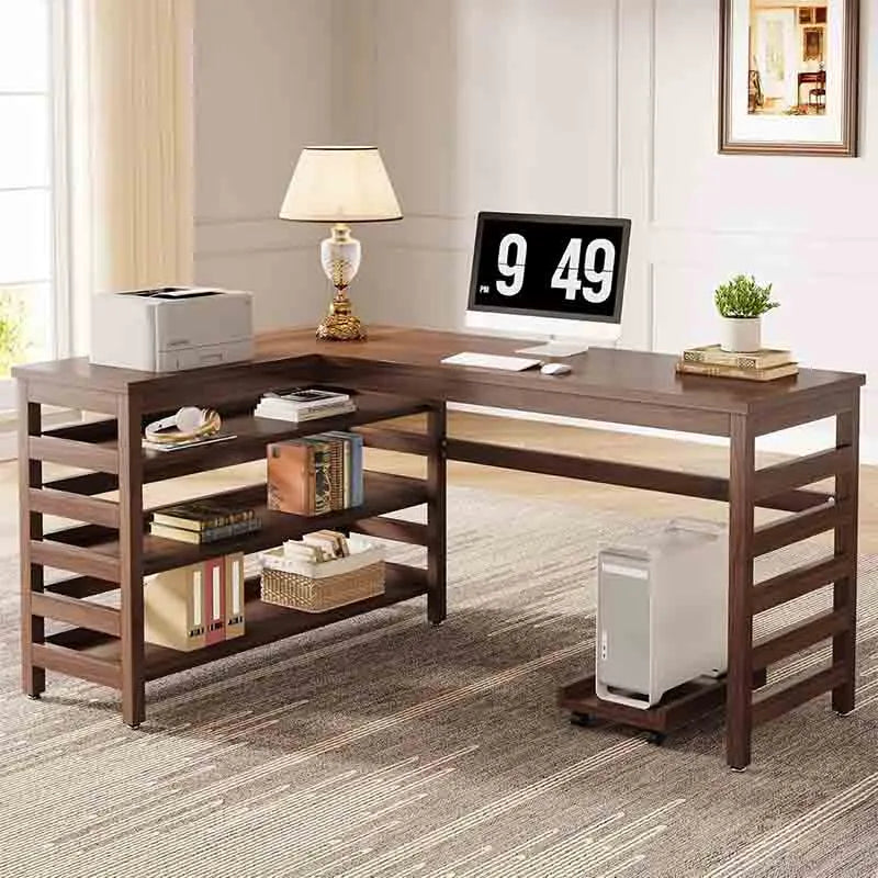 Yoobure All-Wood Corner Home Office Desk with 4-Tier Storage Shelf
